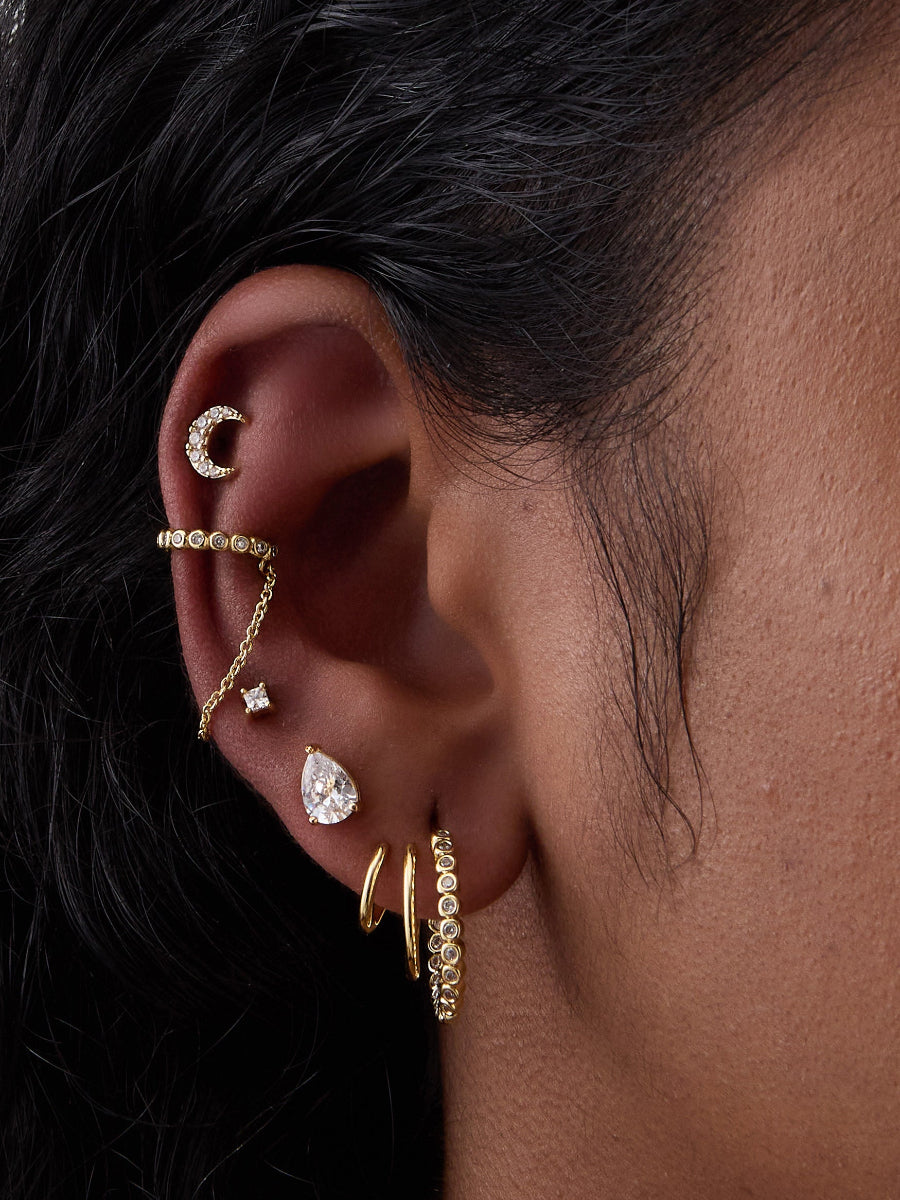 Crescent Diamante Barbell Earring | 5A Grade Cubic Zirconia | 14K Gold Plated Brass