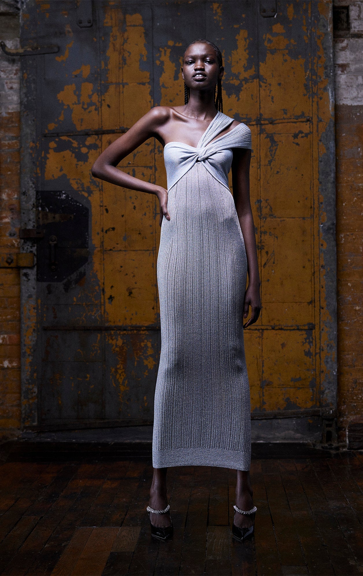 Metallic Textured Rib Gown | Metallic Silver