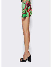 Louisa Ballou | Women | Ribbed Knit Shorts | Green With Red Flowers