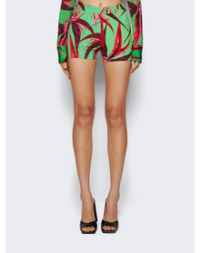 Louisa Ballou | Women | Ribbed Knit Shorts | Green With Red Flowers