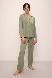 Model wears Gisele TENCELâ„¢ Modal Rib Long PJ Set in tea.
