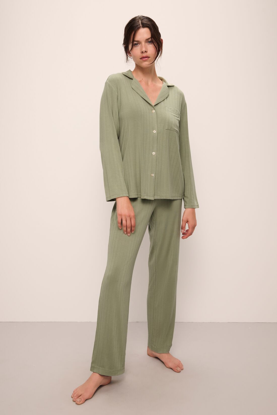 Model wears Gisele TENCELâ„¢ Modal Rib Long PJ Set in tea.