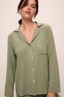 Model wears Gisele TENCELâ„¢ Modal Rib Long PJ Set in tea.