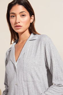 Model wears Gisele TENCELâ„¢ Modal Rib Long PJ Set in light heather grey.