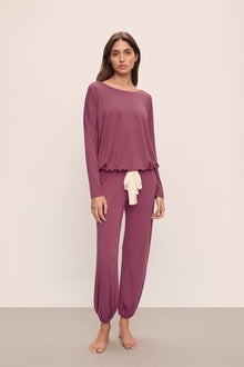 Model wears Gisele TENCELâ„¢ Modal Slouchy PJ Set in Raspberry/Ivory.