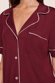 Model is wearing Gisele TENCEL Modal Short Sleeve & Pant PJ Set  in Bordeaux/Ivory