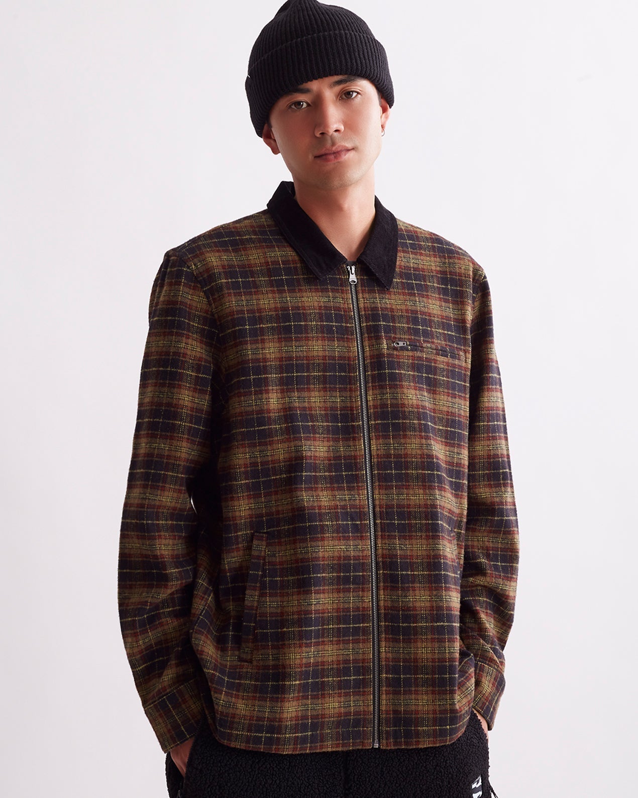 Black | Ryan Zip Front Flannel Shirt | Saturdays NYC