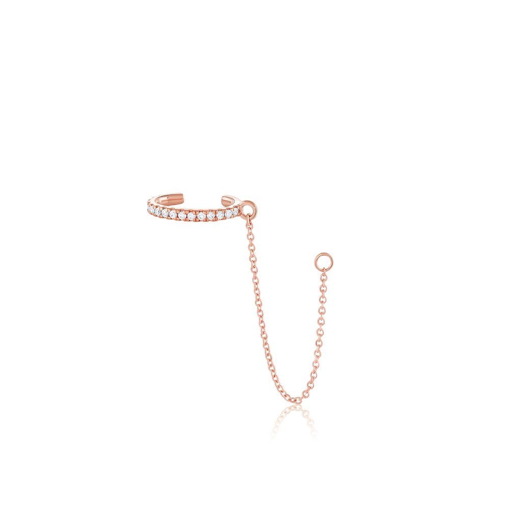 Women | White Diamond Pavé Ear Cuff & Chain | 14k Rose Gold