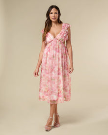 Chiffon Ruffle Midi Dress | Blurred Floral Chalk Pink