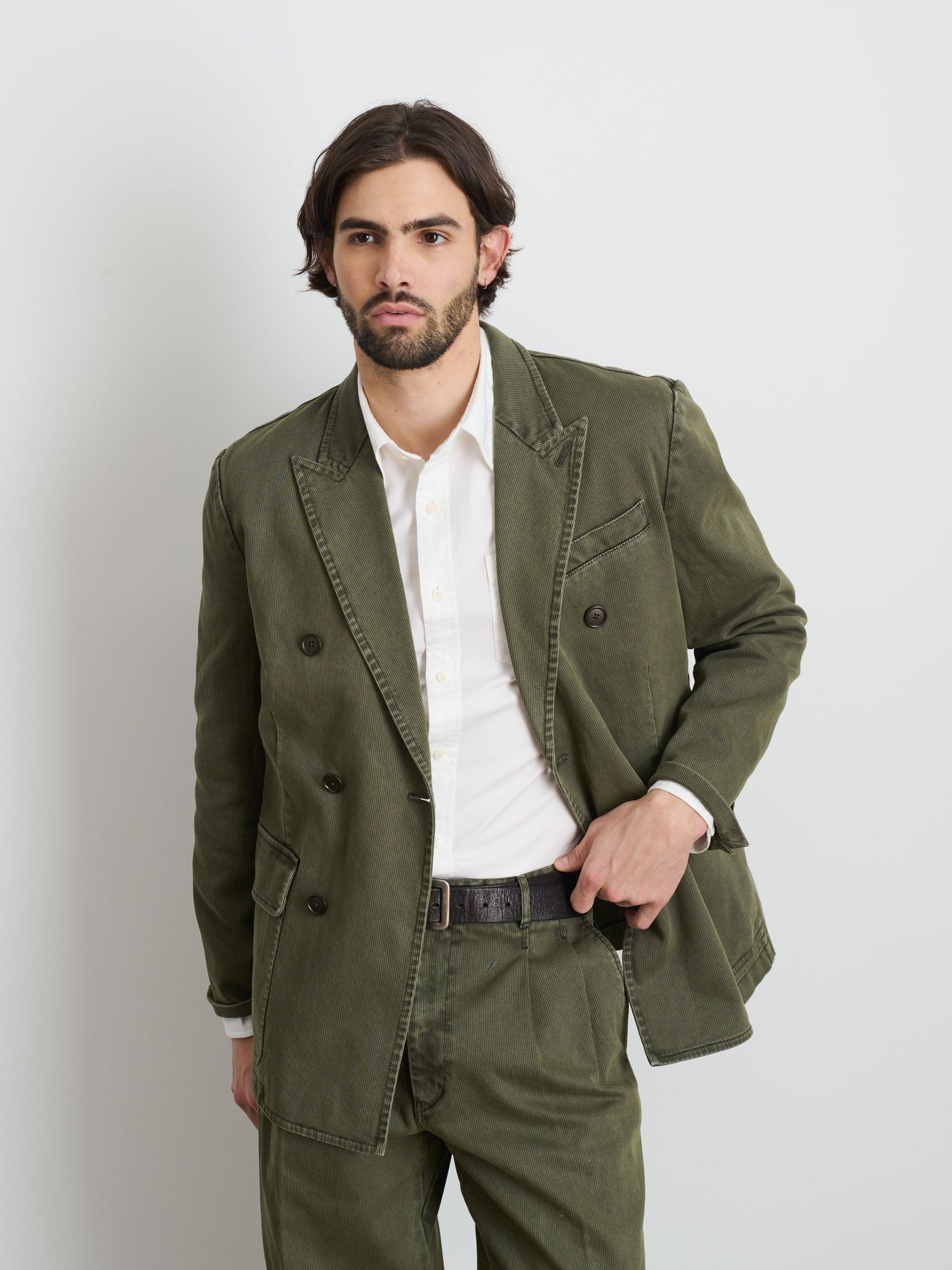 Men | Double Breasted Blazer | Bedford Cotton Washed Olive