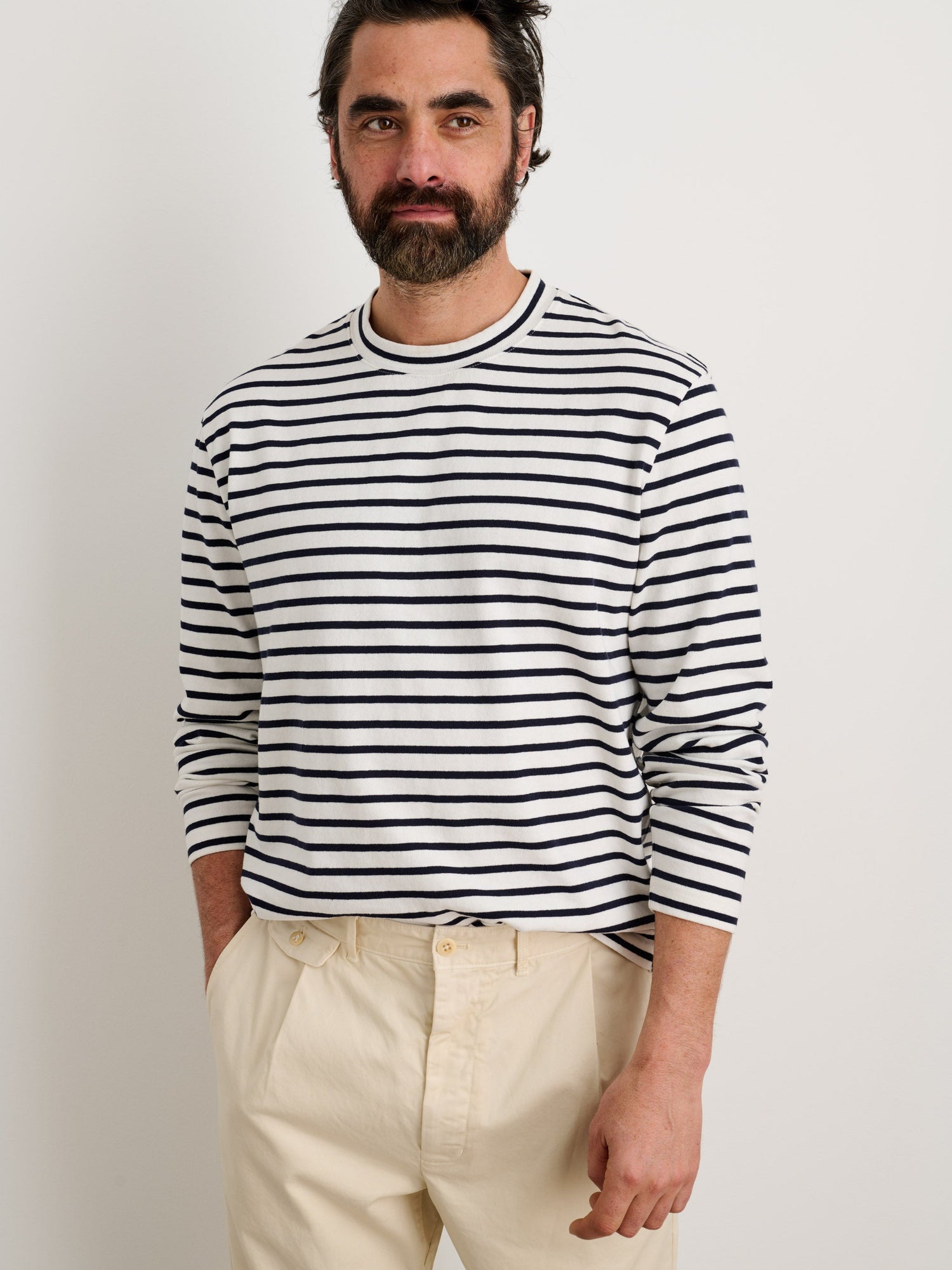 Men | Long Sleeve Striped Tee | Natural x Navy