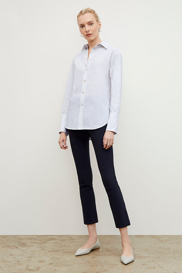 Front image of a woman wearing the Mila Button Down - Poplin Stripe in Blue / Ivory | Exclude