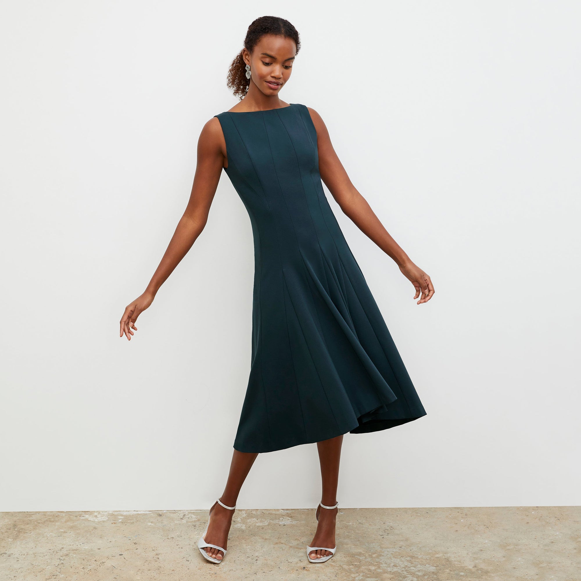 Front image of a woman wearing the Gabriella Dress in Deep Sea | Lead
