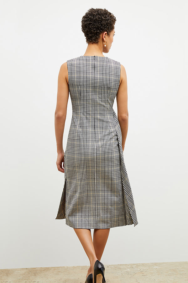 Back image of a woman wearing the jeannine dress in plaid sharkskin | Exclude