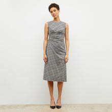Front image of a woman wearing the jeannine dress in plaid sharkskin | Lead