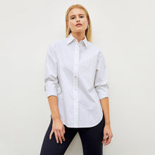 Front image of a woman wearing the Mila Button Down - Poplin Stripe in Blue / Ivory | Lead