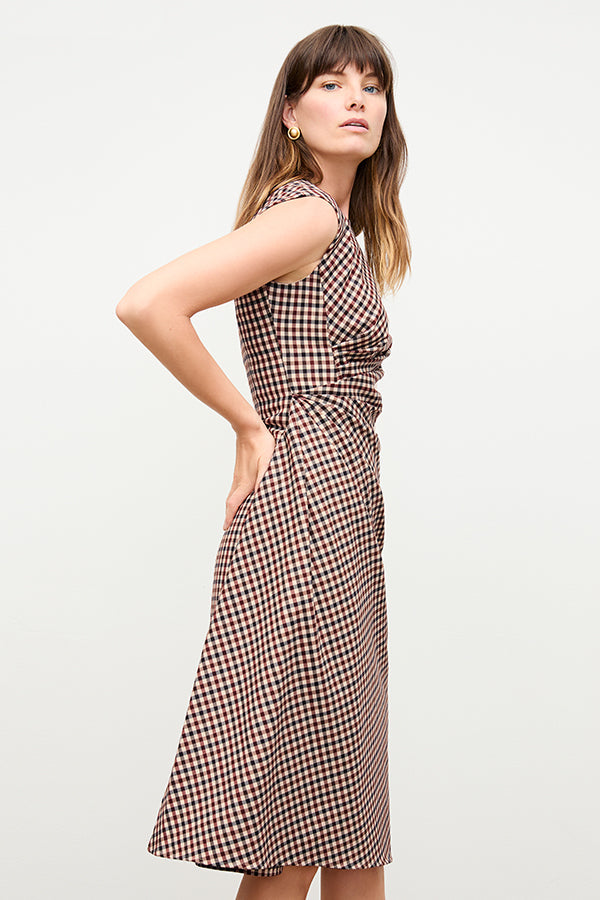 side image of a woman wearing the jeannine dress in windowpane sharkskin | Exclude
