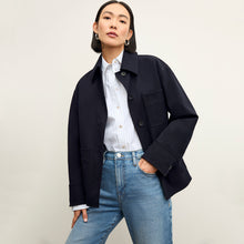 Front image of a woman wearing the Mila Button Down - Poplin Stripe in Blue / Ivory
