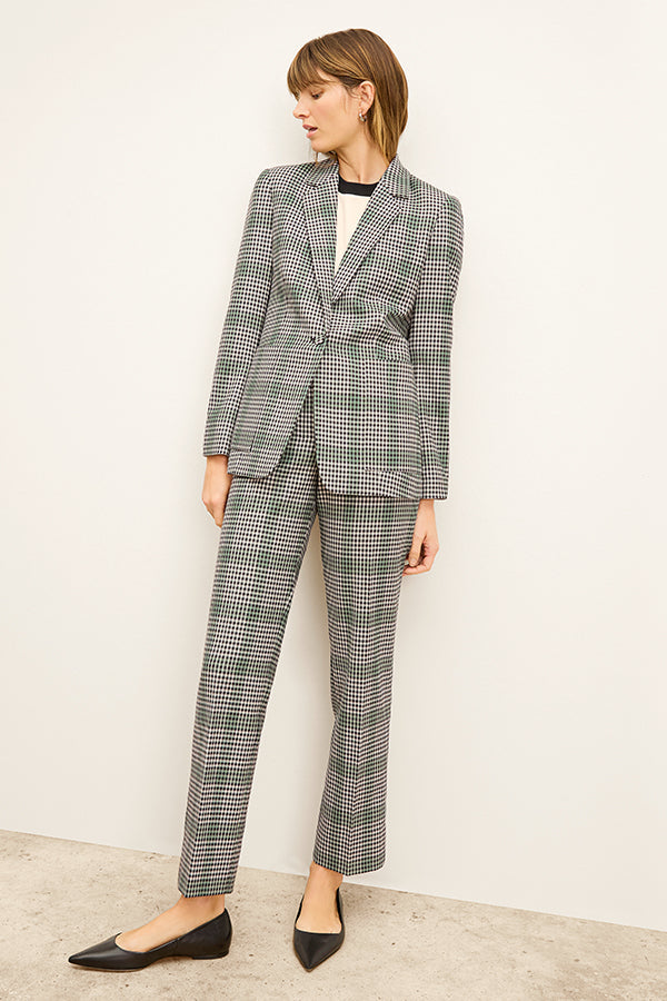 front image of a woman wearing the smith pant in check plaid | Exclude