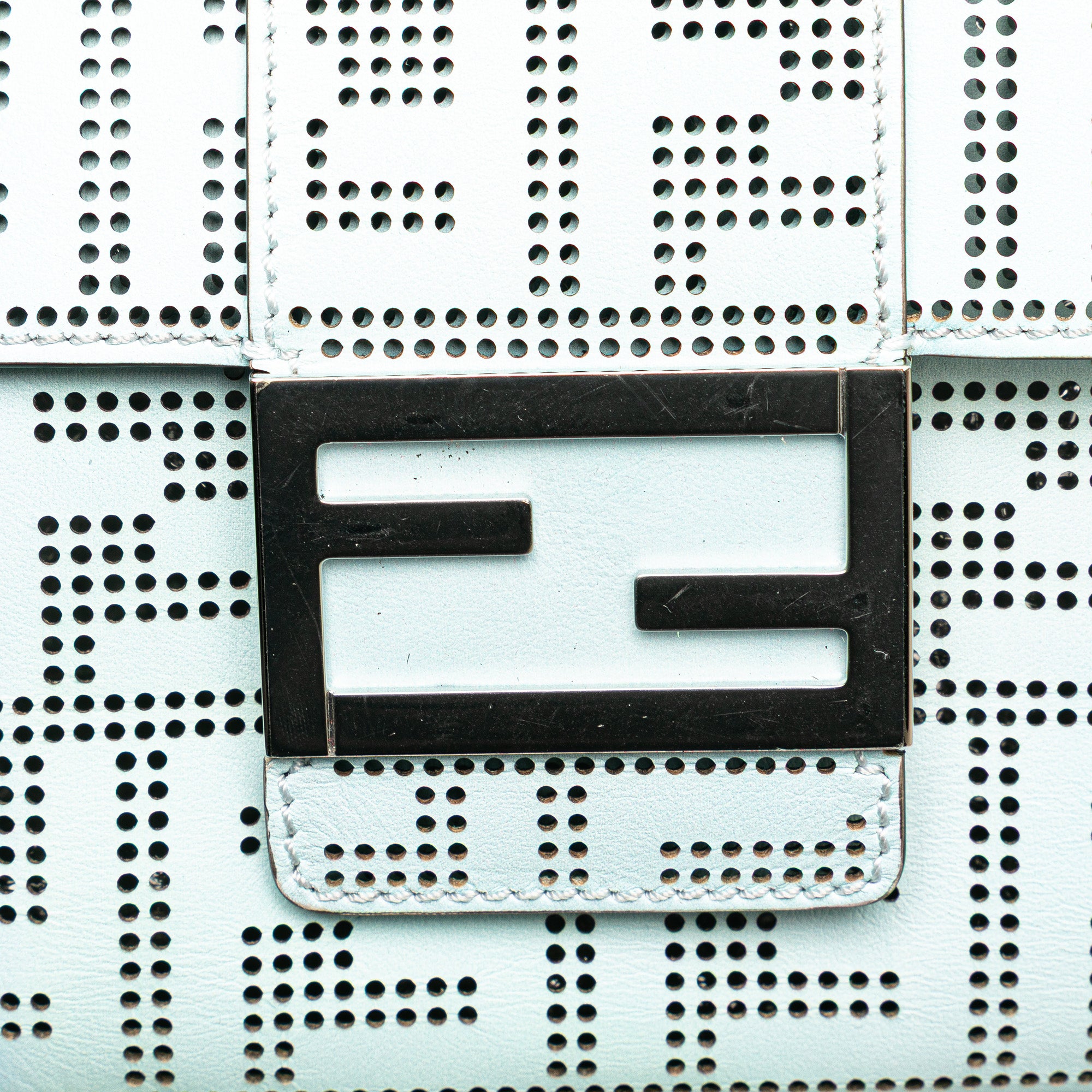 Fendi | Pre-Owned Medium Zucca Perforated Leather Baguette Messenger Bag | Blue/Light Blue