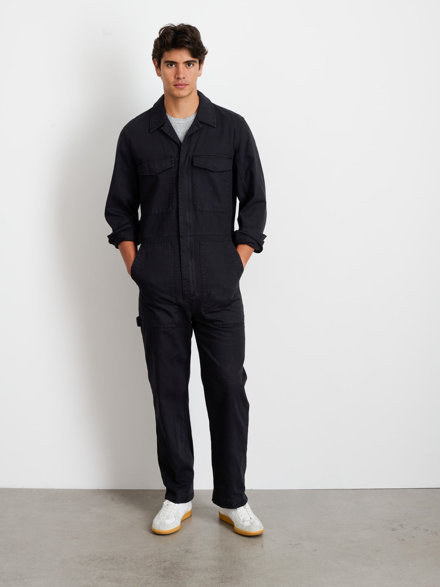 Men | Zip Jumpsuit | Herringbone Rich Black