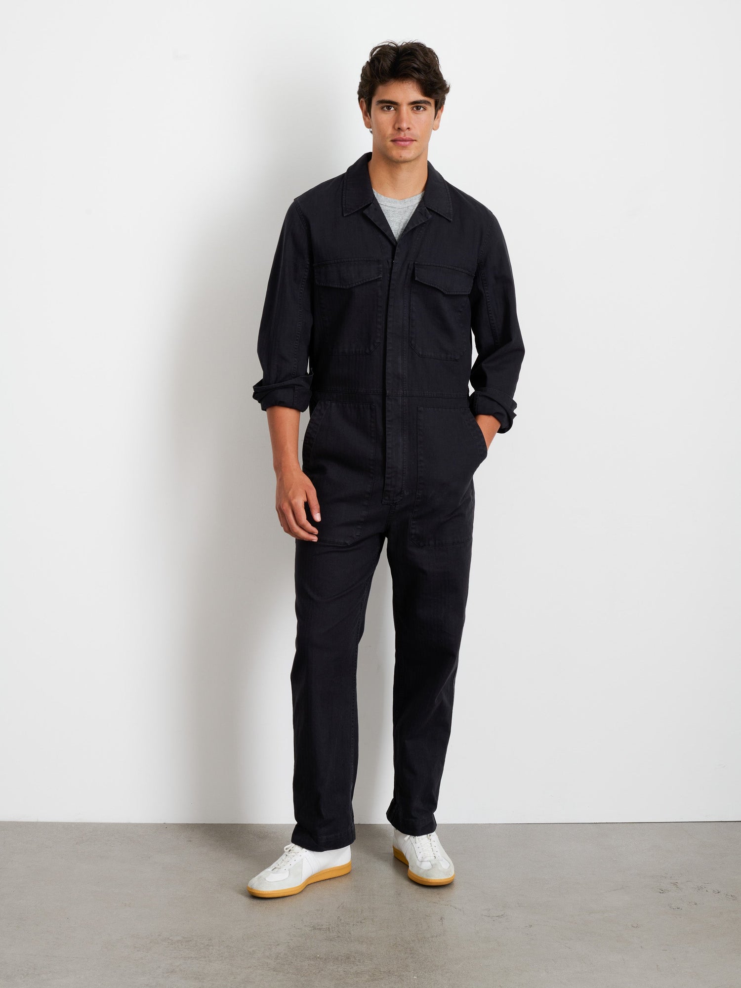 Men | Zip Jumpsuit | Herringbone Rich Black