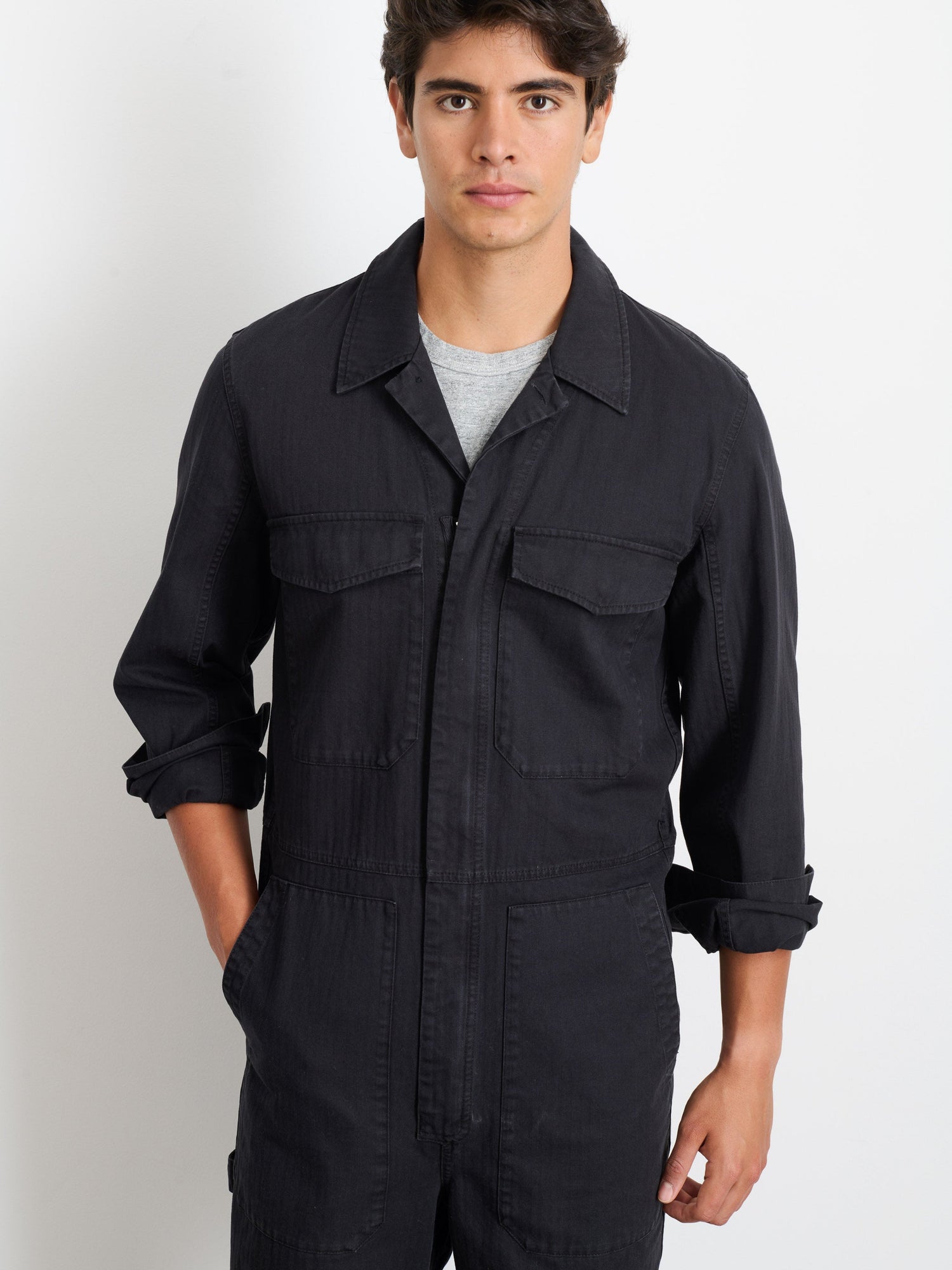 Men | Zip Jumpsuit | Herringbone Rich Black