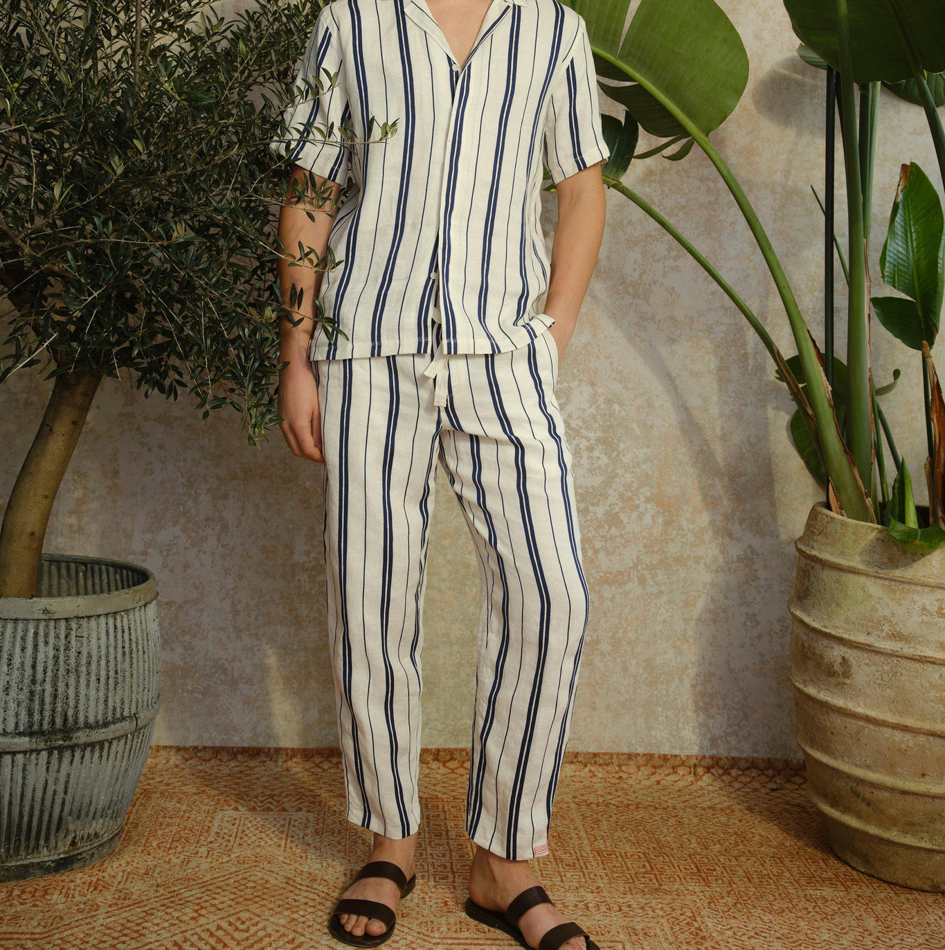 Maitan Stripe Relaxed Fit Capri Collar Linen-Cotton Shirt | Azul Blue/Cashew