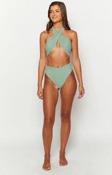 9.0 Swim Majorca Striped High Waisted Bikini Bottoms | Green