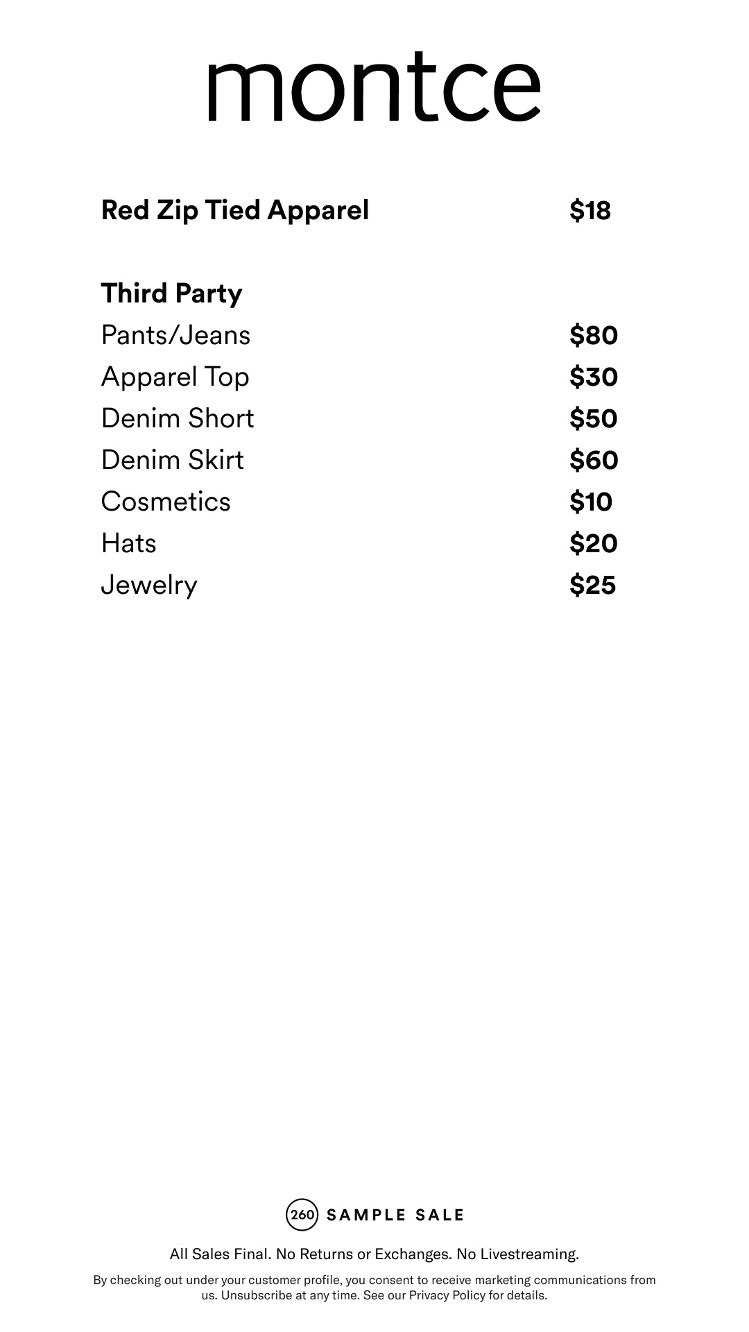 Price table
