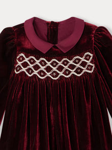 Girl | Trinité Smocked Dress In Silk Velvet | Burgundy