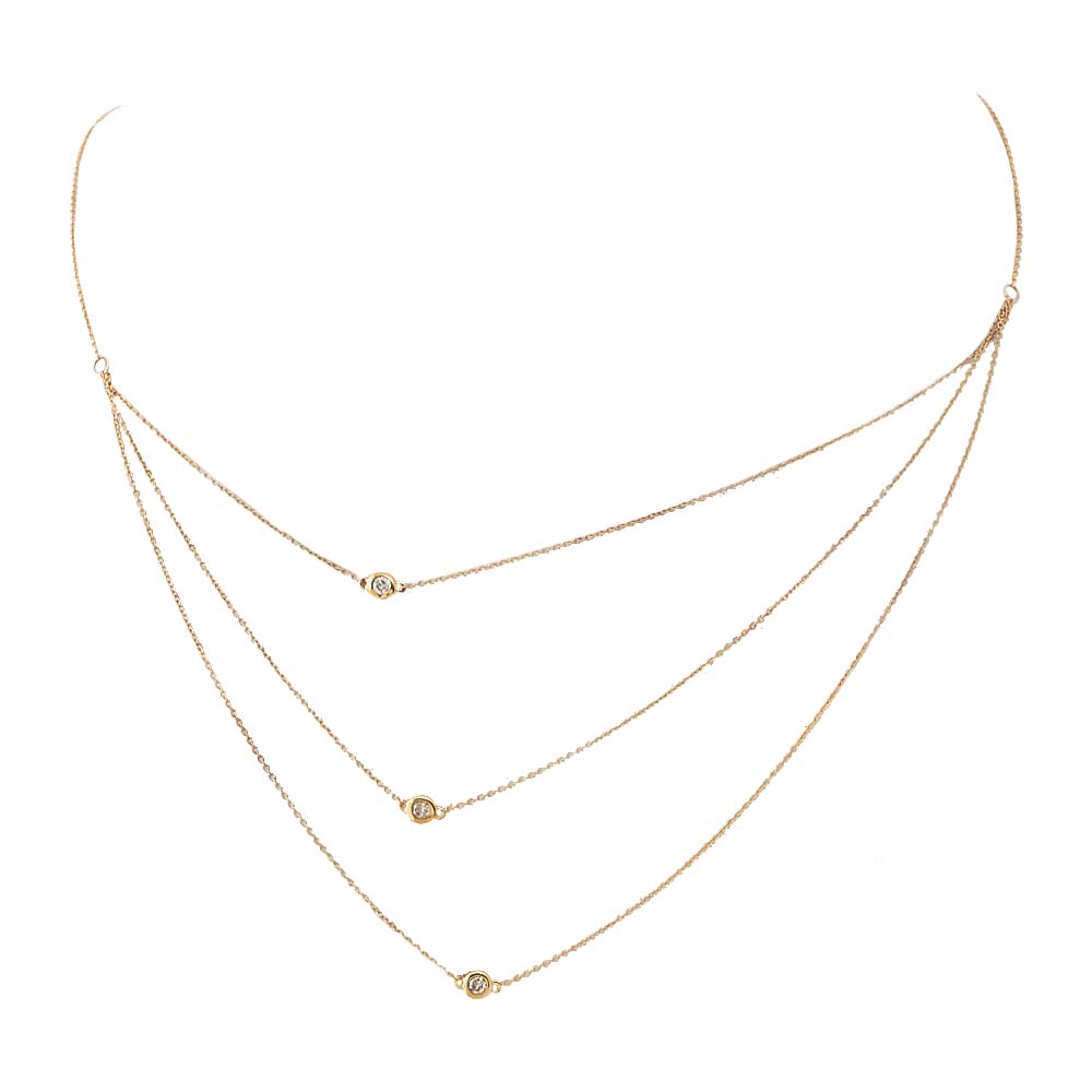 14K Gold Diamond Sideway Bezel Triple Chain Necklace 14K - Adina's Jewels