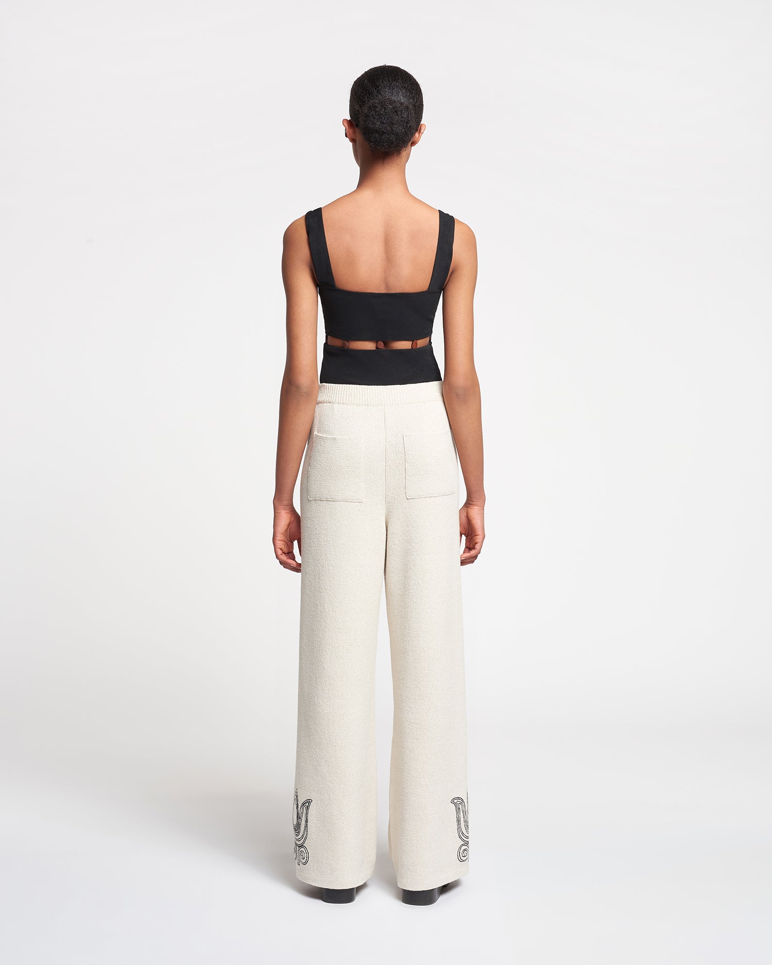 Womens | Emmie Embroidered Textured-Linen Pants | Natural/Black