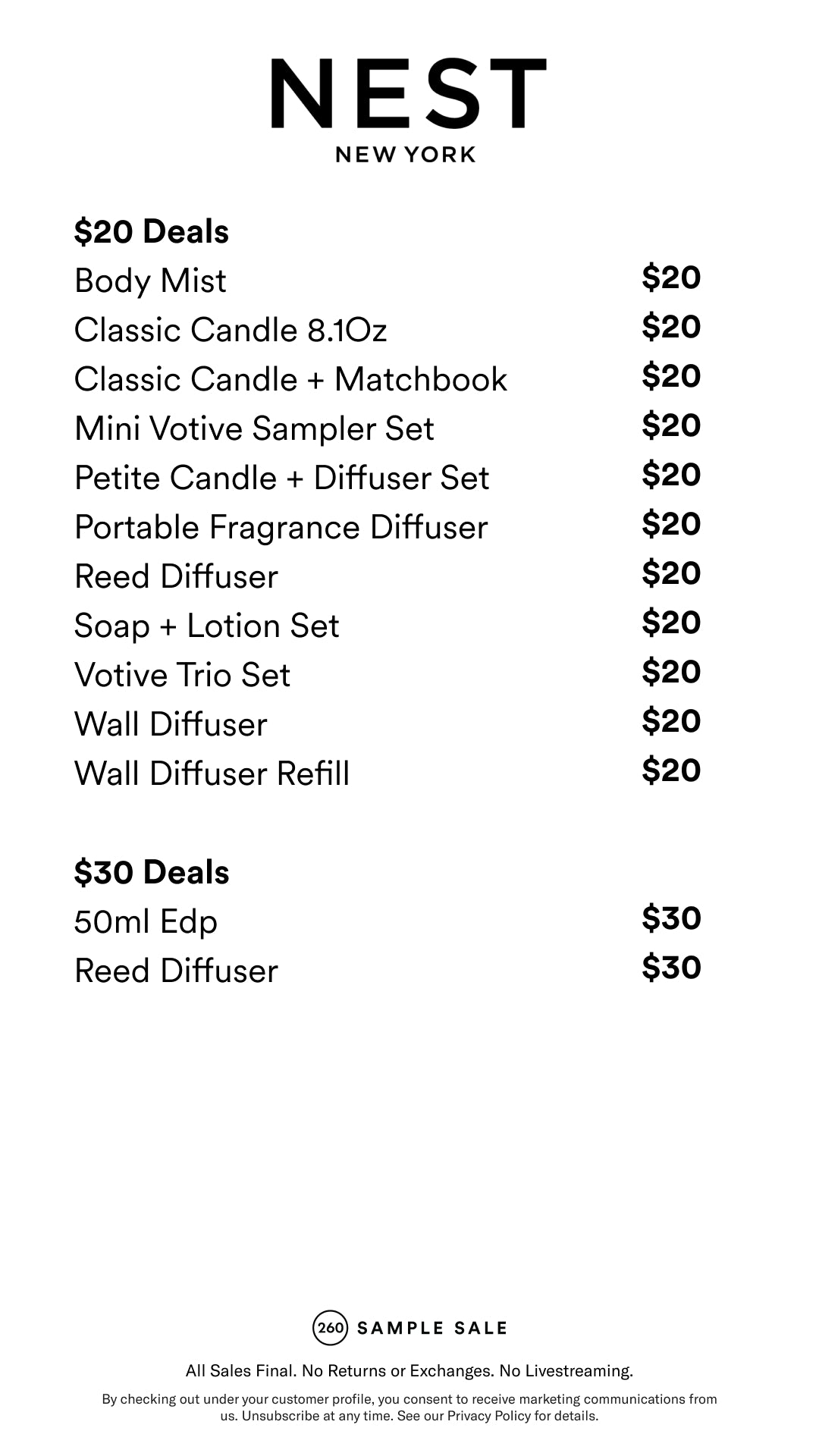 Price table