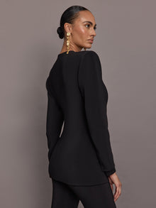 Norma Kamali | Long Sleeve Shoulder Pad V Neck Zip Front Jacket | Black