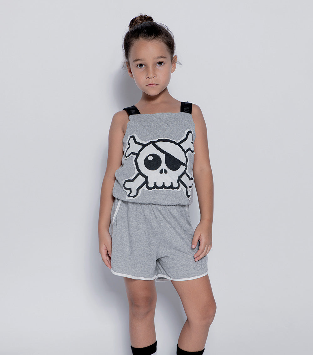 Kid | Skull Patch Tank Overall | Heather Grey
