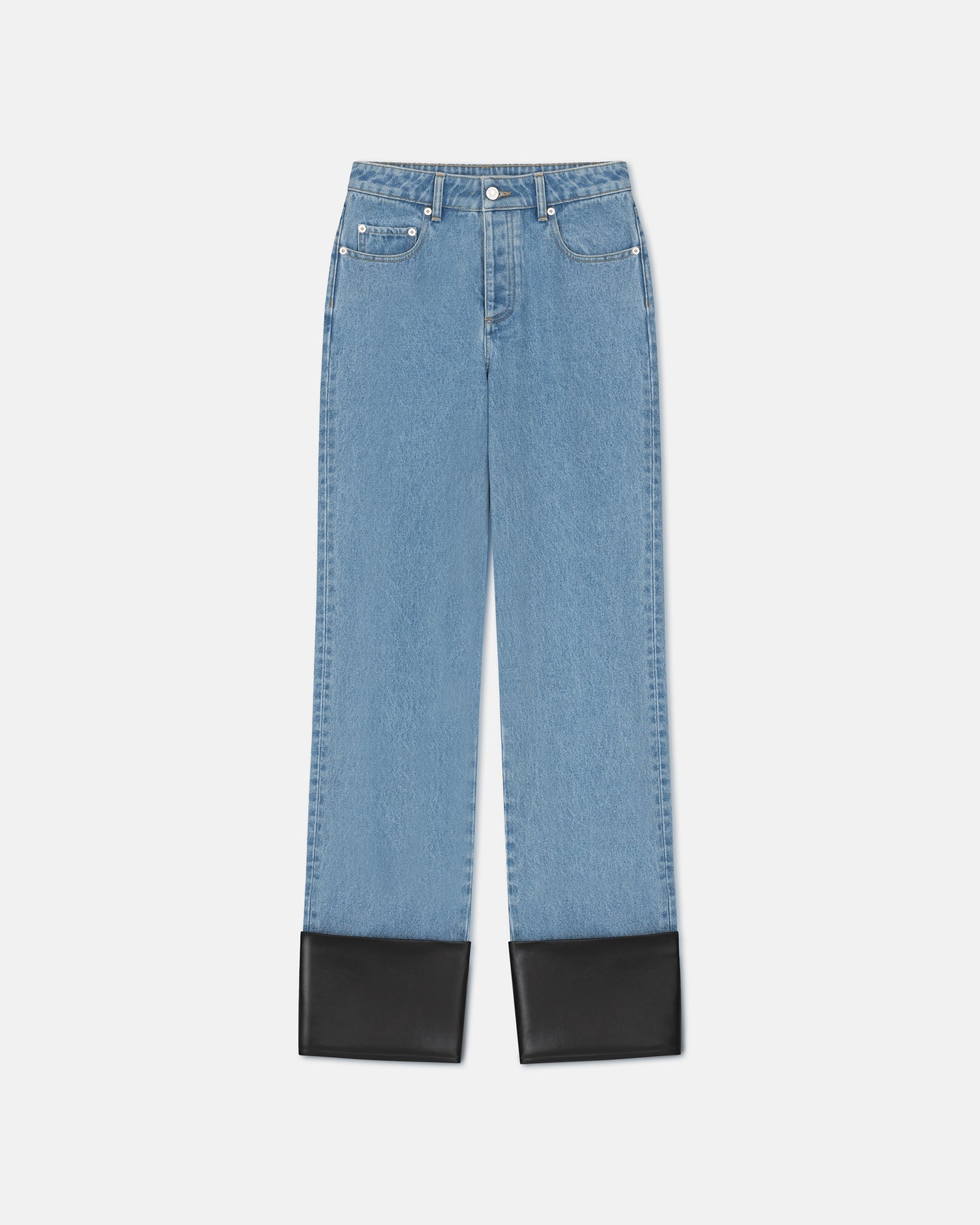 Raynee Leather-Trimmed Straight-Leg Jeans | Mid Blue