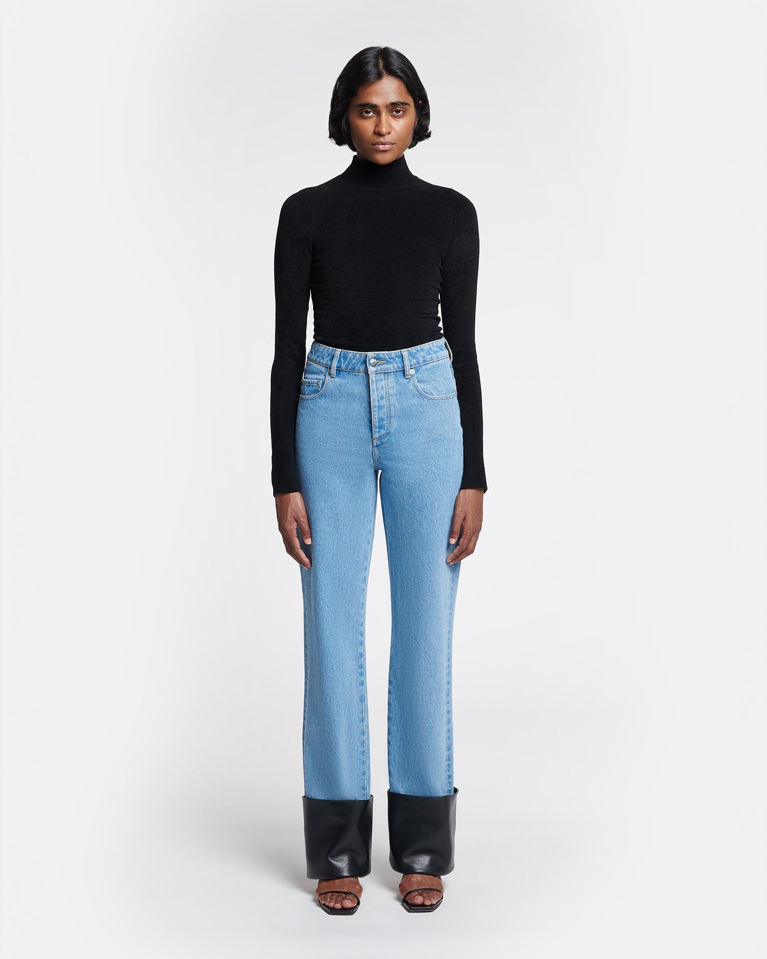 Raynee Leather-Trimmed Straight-Leg Jeans | Mid Blue