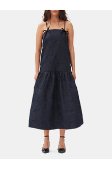 Navy Blue Botanical Jacquard Strap Midi Dress | Peacoat