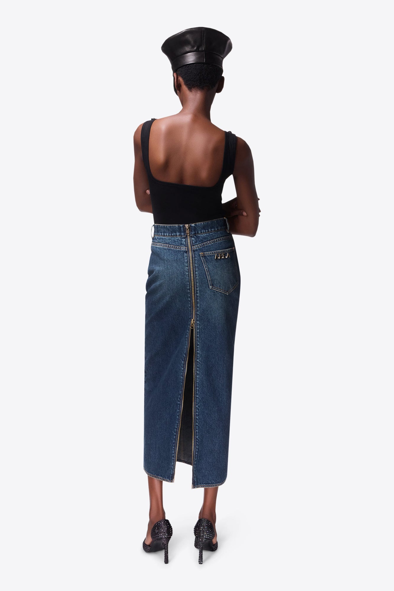 Zip Slit Midi Skirt | Dark Medium Wash