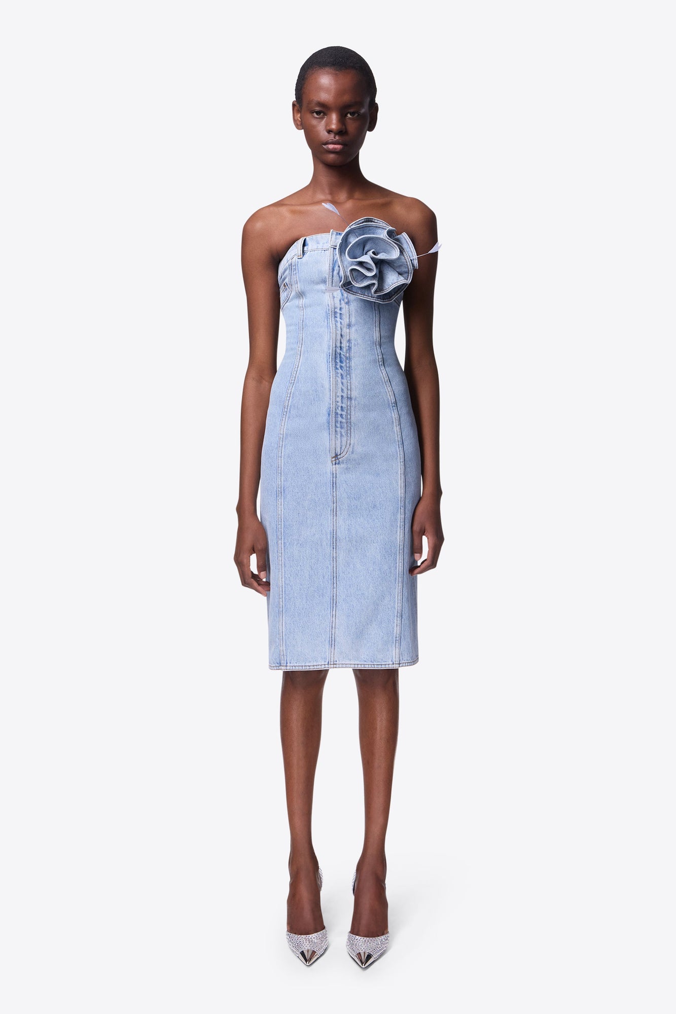 Flower Corsage Strapless Midi Dress | Super Light Wash