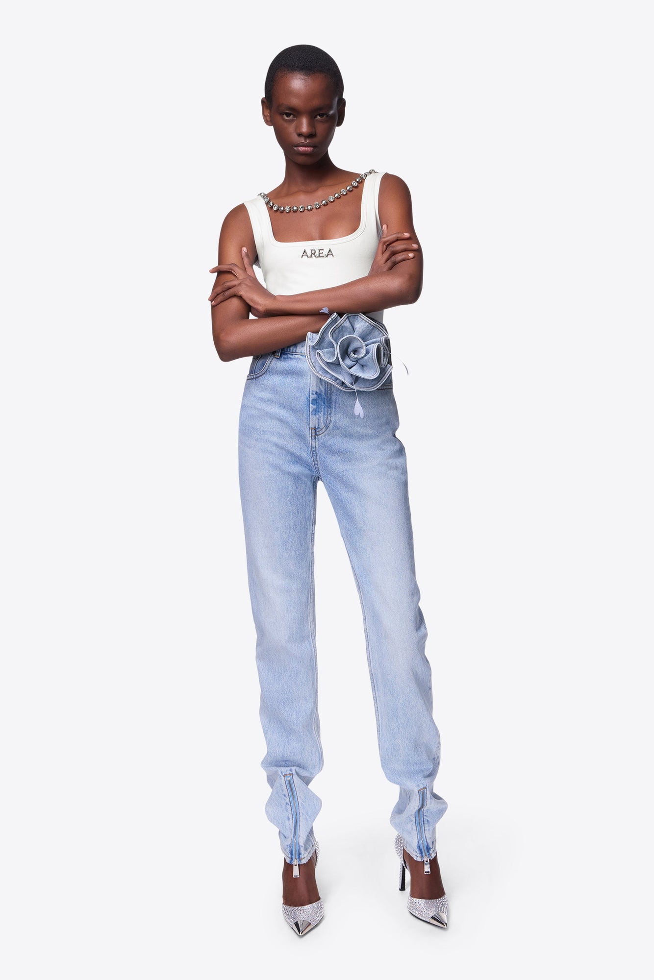 Flower Corsage Ankle Zip Jean | Super Light Wash