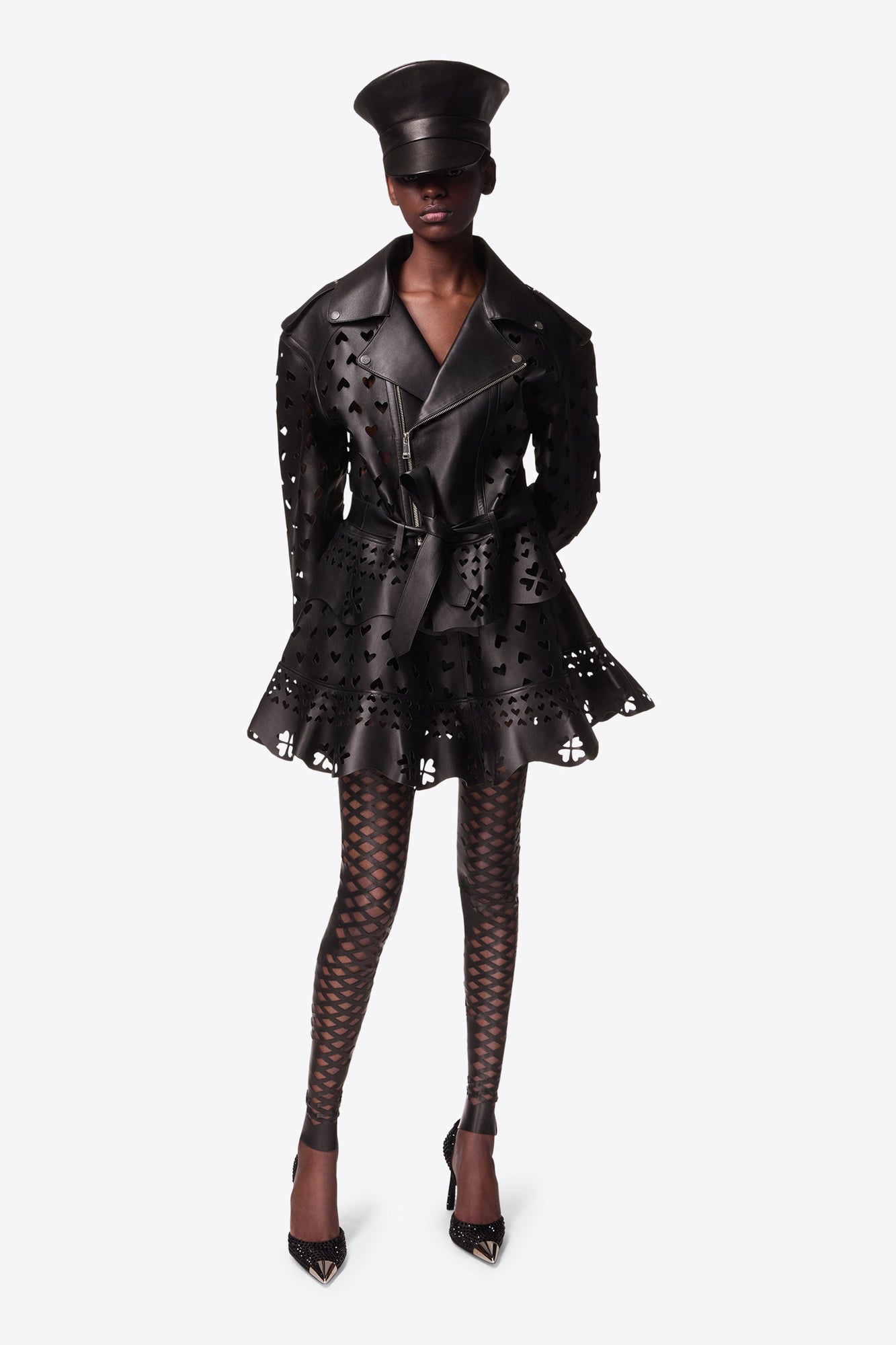 Laser-Cut Leather Heart Moto Jacket | Black