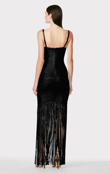 Banded Foil Fringe Gown | Black Foil