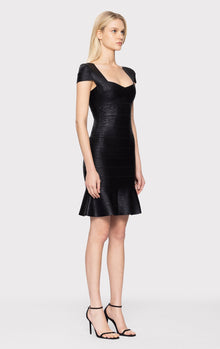 Foil Cap Sleeve Flare Skirt Bandage Dress | Black Foil