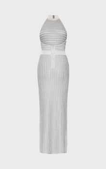 Lurex Eyelash Mock Neck Gown | Metallic Silver