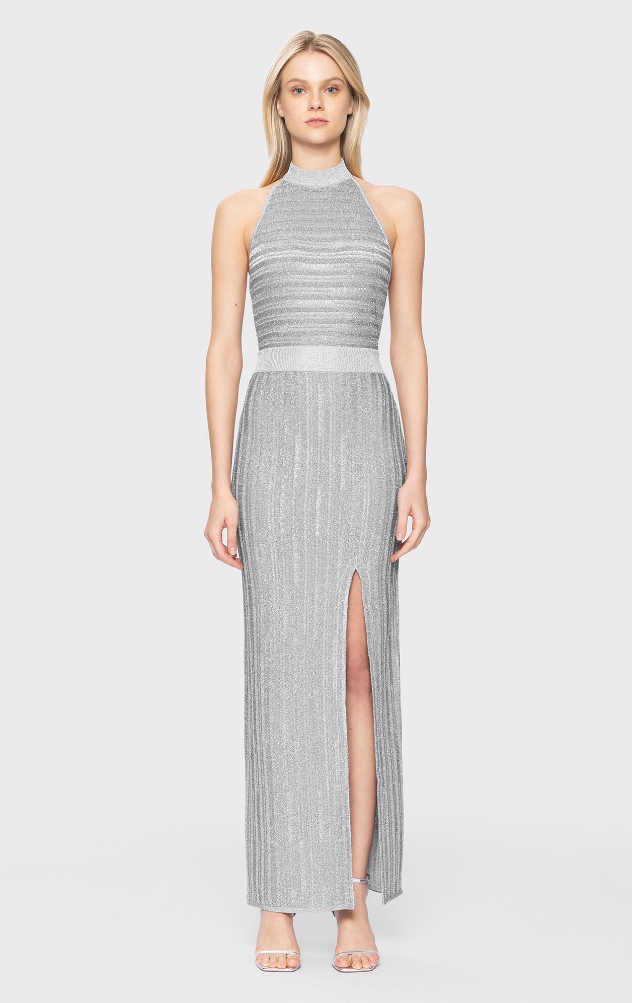 Lurex Eyelash Mock Neck Gown | Metallic Silver