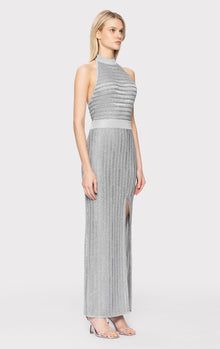 Lurex Eyelash Mock Neck Gown | Metallic Silver