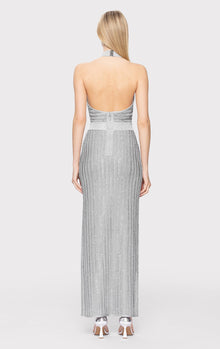 Lurex Eyelash Mock Neck Gown | Metallic Silver