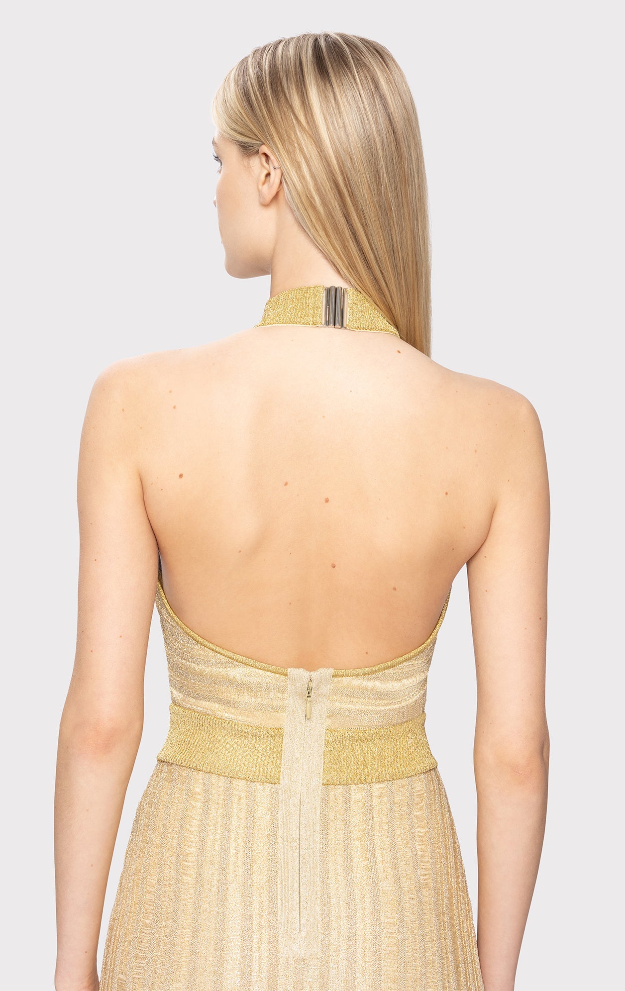 Lurex Eyelash Mock Neck Gown | Metallic Gold